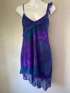 Purple & Teal Watercolor Ruffle Slip Dress vintage Frederick’s